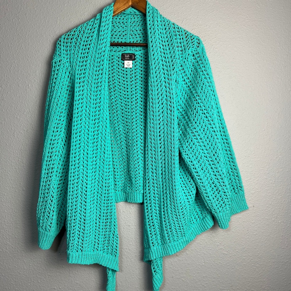 Lark Lane Teal Blue Open Knit Crochet Cardigan‎ Duster Drapped Front Cover Up 3X